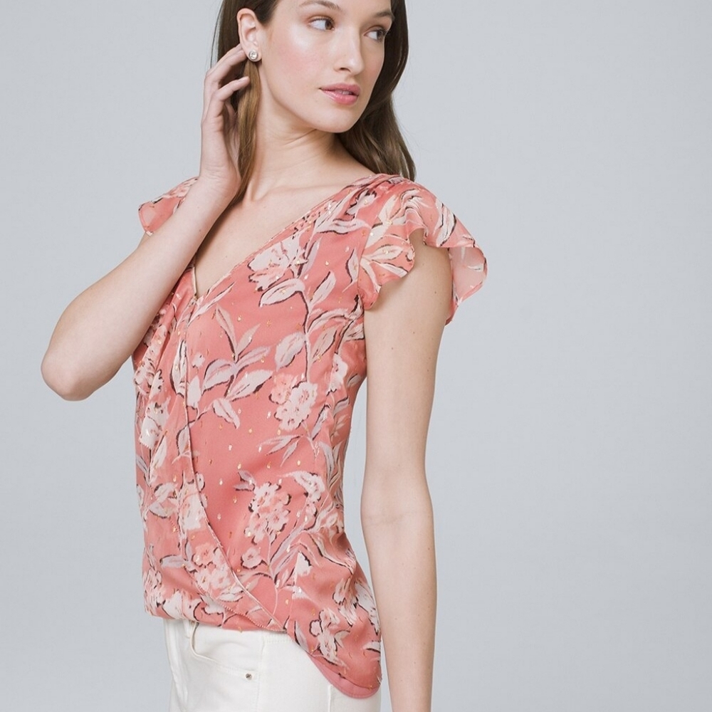 WHBM | Floral-Dot Surplice Short Sleeve Blouse - 0